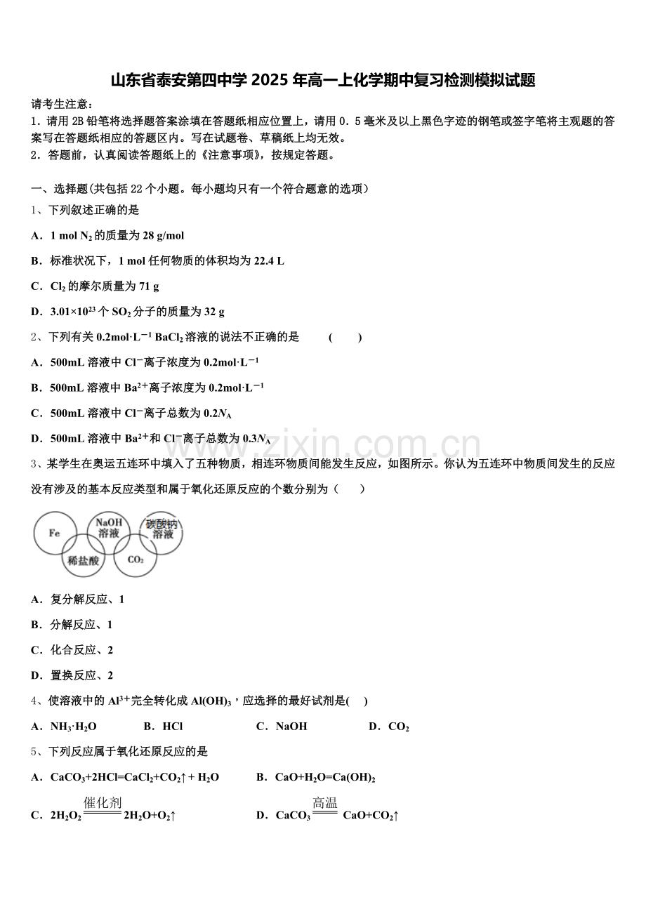 山东省泰安第四中学2025年高一上化学期中复习检测模拟试题含解析.doc_第1页