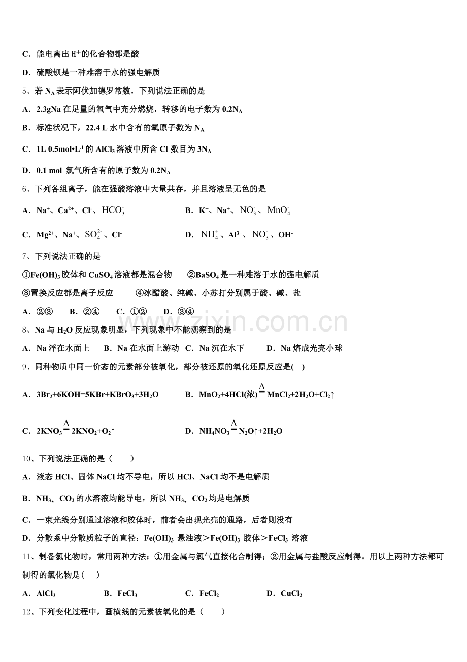 南宁市第二中学2025-2026学年高一化学第一学期期中统考模拟试题含解析.doc_第2页