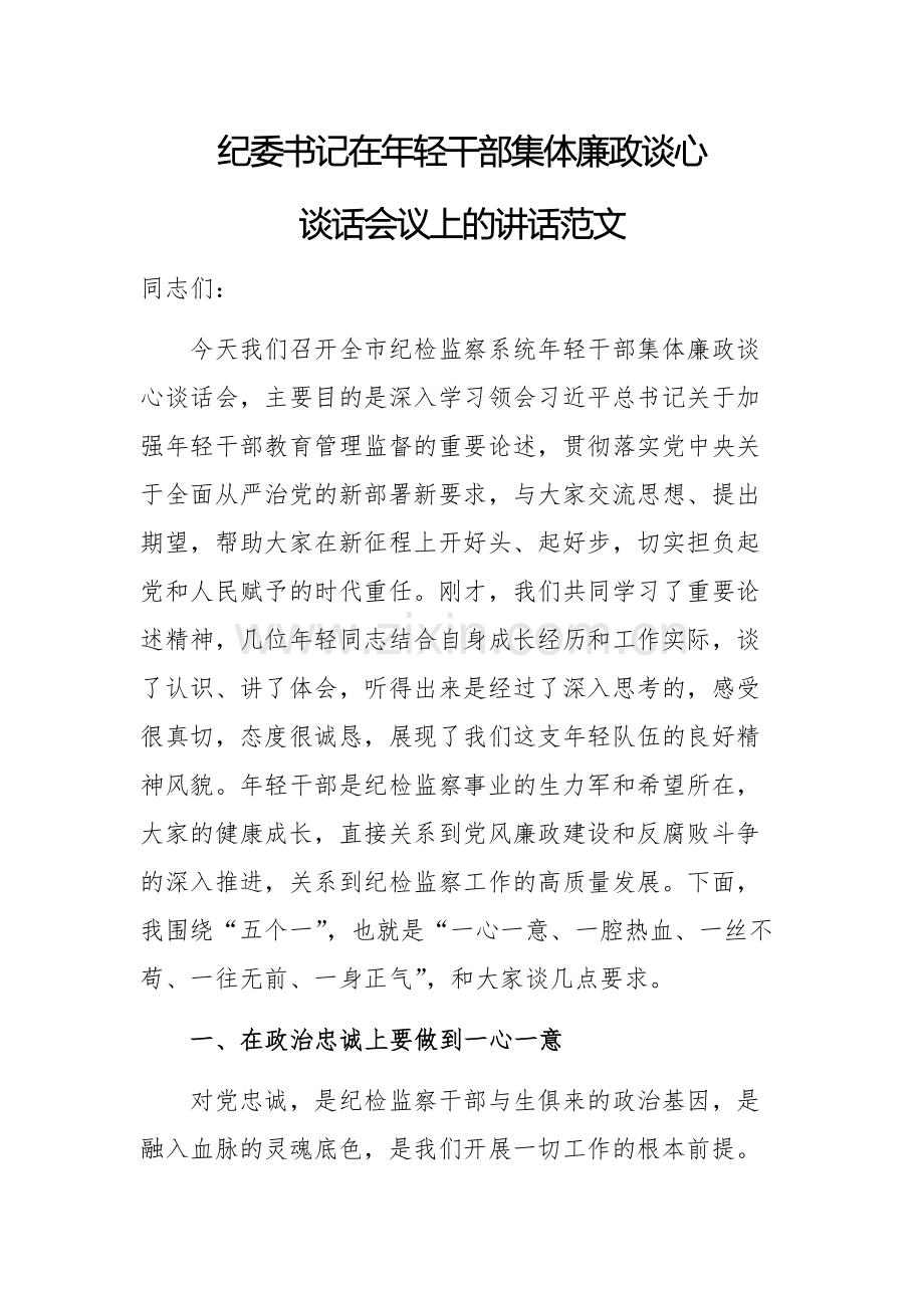 纪委书记在年轻干部集体廉政谈心谈话会议上的讲话范文.docx_第1页