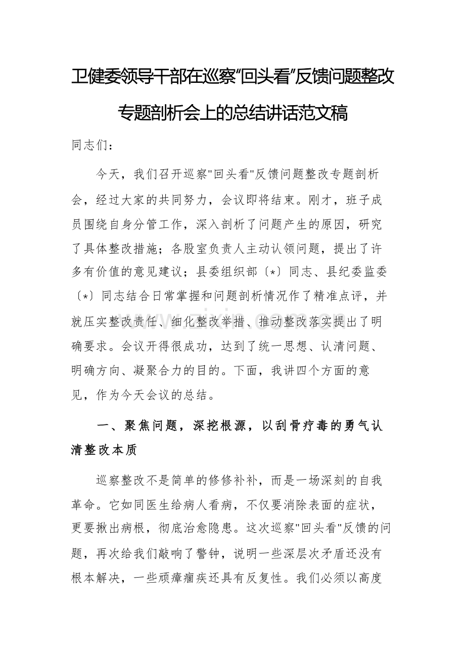 卫健委领导干部在巡察“回头看”反馈问题整改专题剖析会上的总结讲话范文稿.docx_第1页