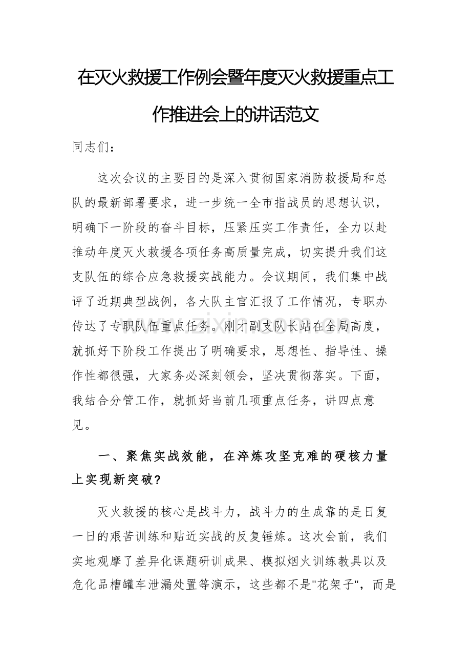 在灭火救援工作例会暨年度灭火救援重点工作推进会上的讲话范文.docx_第1页
