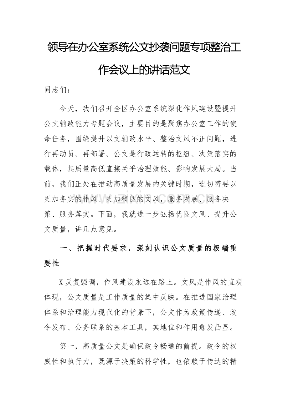 领导在办公室系统公文抄袭问题专项整治工作会议上的讲话范文.docx_第1页