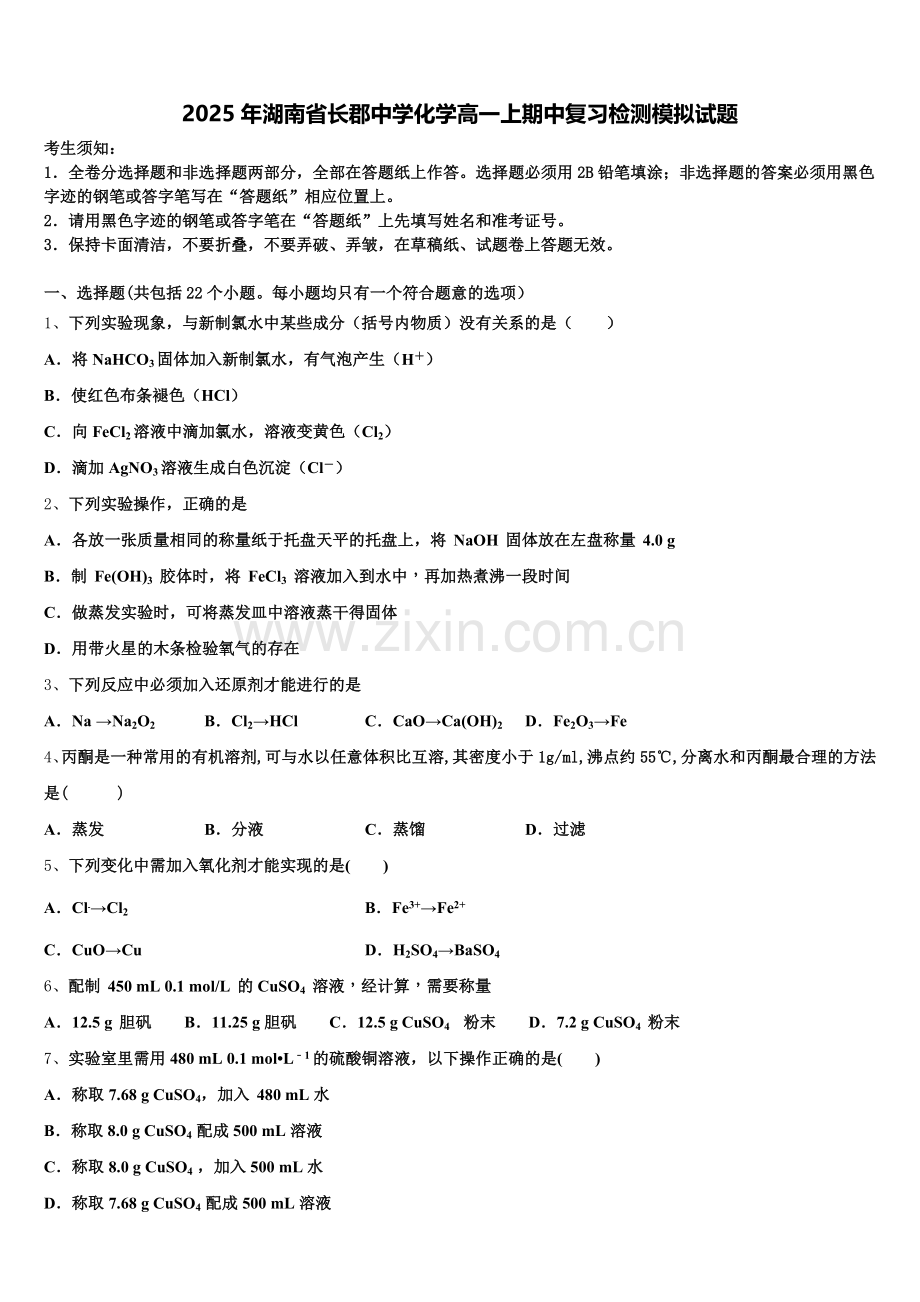 2025年湖南省长郡中学化学高一上期中复习检测模拟试题含解析.doc_第1页