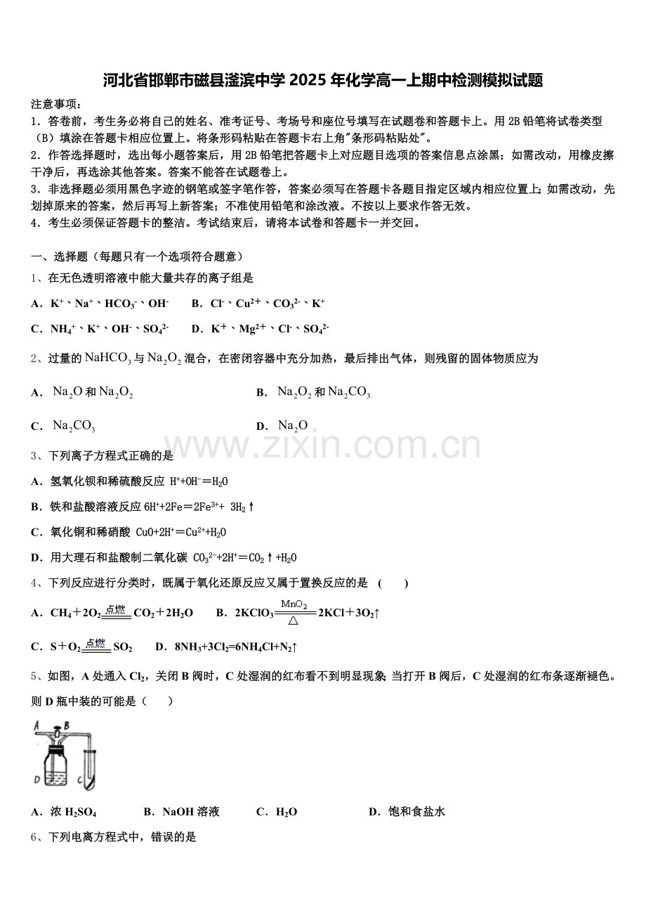 河北省邯郸市磁县滏滨中学2025年化学高一上期中检测模拟试题含解析.doc_第1页
