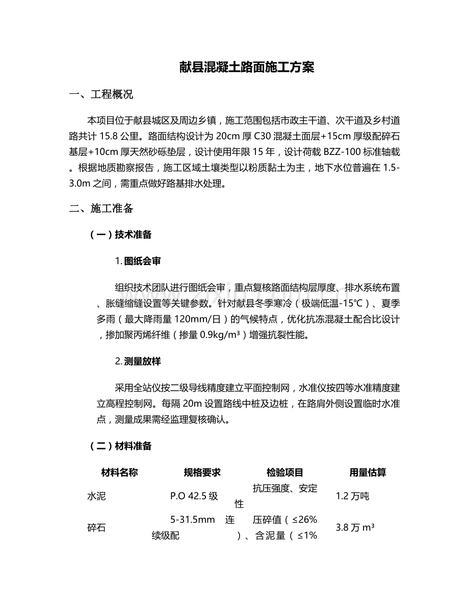 献县混凝土路面施工方案.doc_第1页