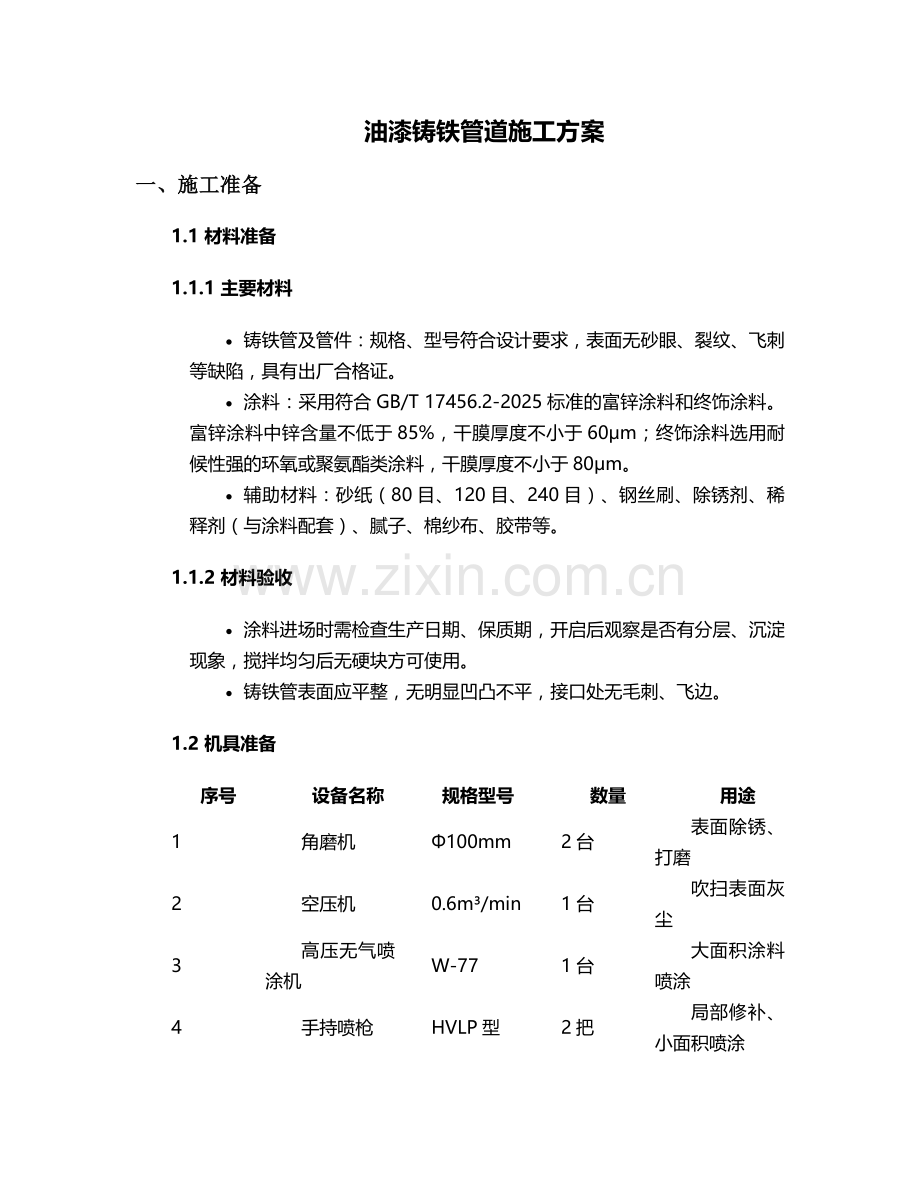 油漆铸铁管道施工方案.doc_第1页