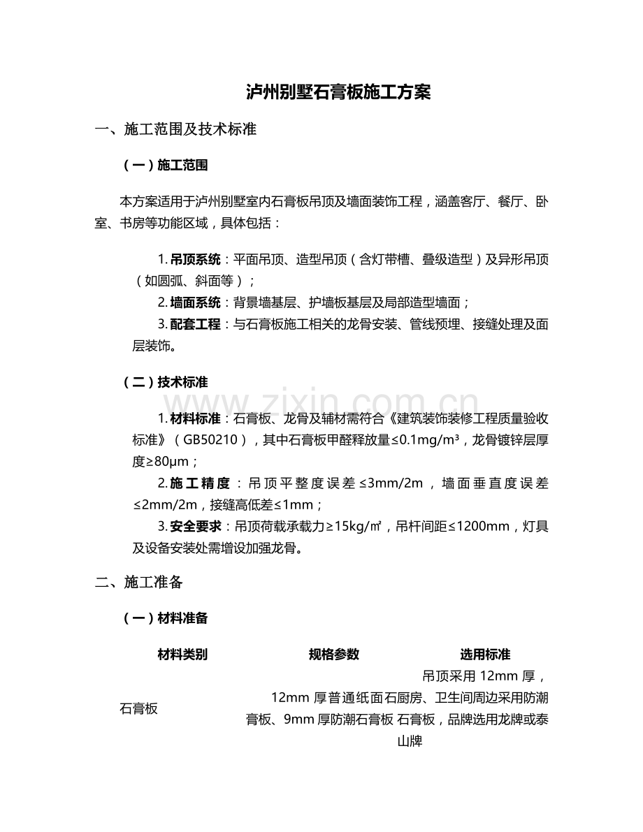 泸州别墅石膏板施工方案.doc_第1页