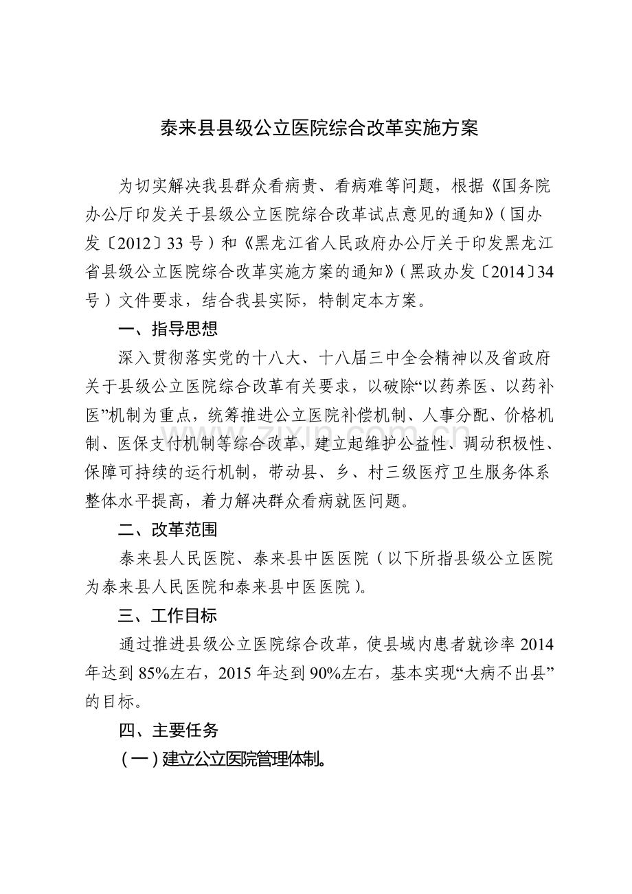 (最后)泰来县人民政府办公室关于印发泰来县县级公立医院综合改革实施方案的通知.doc_第1页