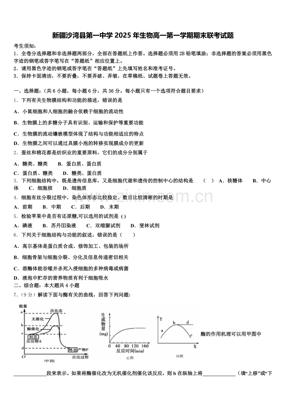 新疆沙湾县第一中学2025年生物高一第一学期期末联考试题含解析.doc_第1页