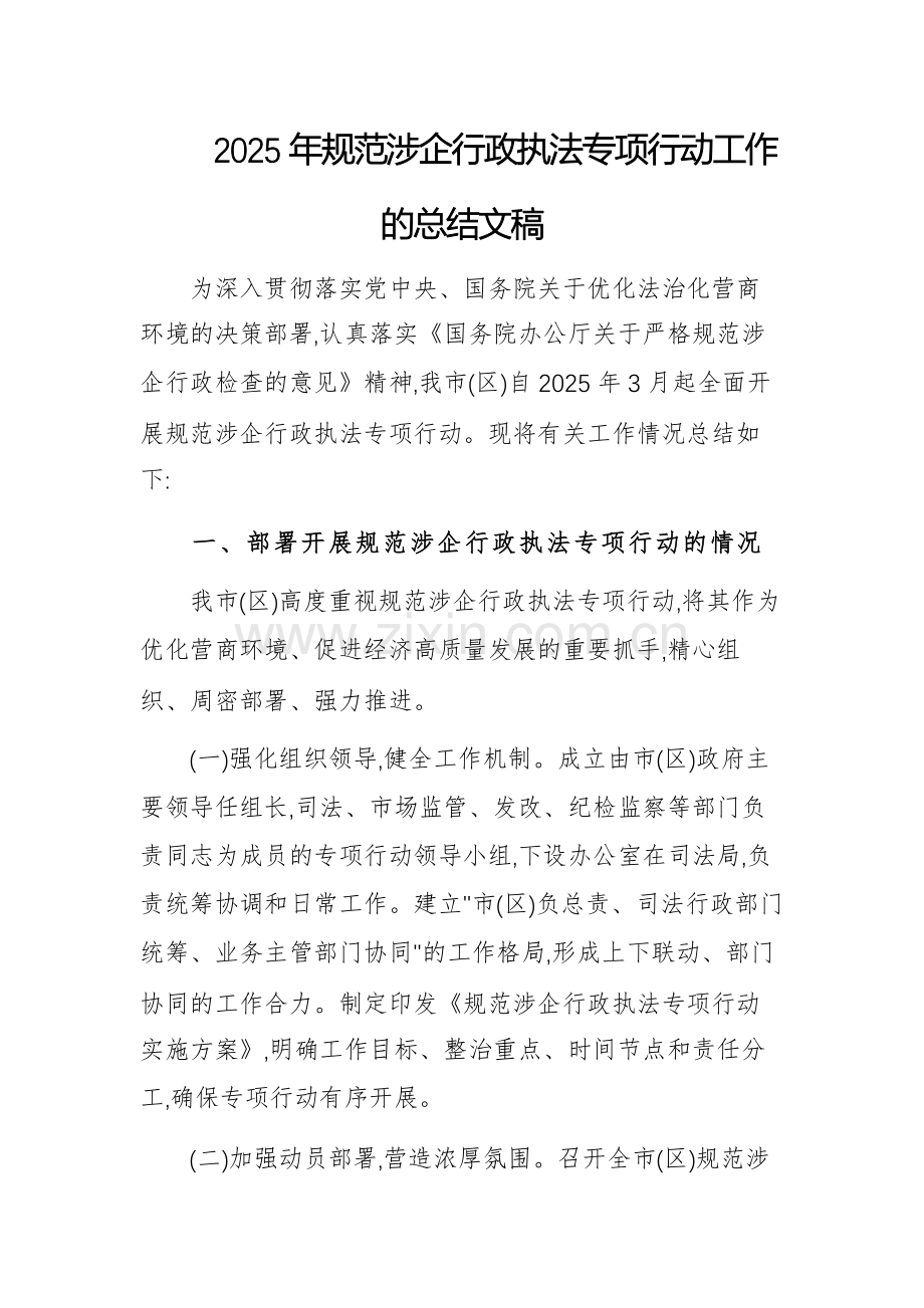2025年规范涉企行政执法专项行动工作的总结文稿.docx_第1页