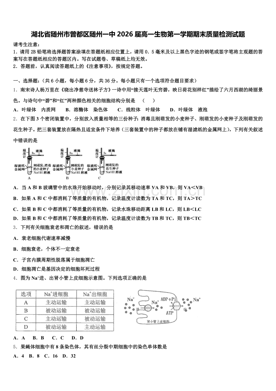 湖北省随州市曾都区随州一中2026届高一生物第一学期期末质量检测试题含解析.doc_第1页