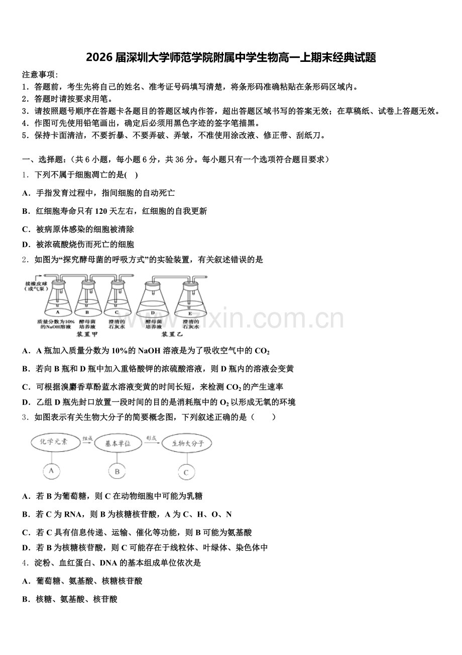 2026届深圳大学师范学院附属中学生物高一上期末经典试题含解析.doc_第1页
