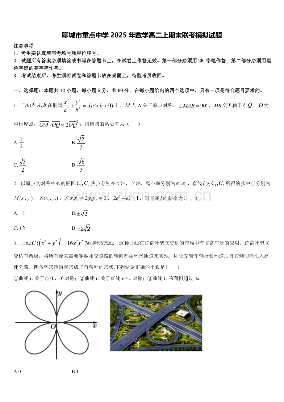 聊城市重点中学2025年数学高二上期末联考模拟试题含解析.doc_第1页