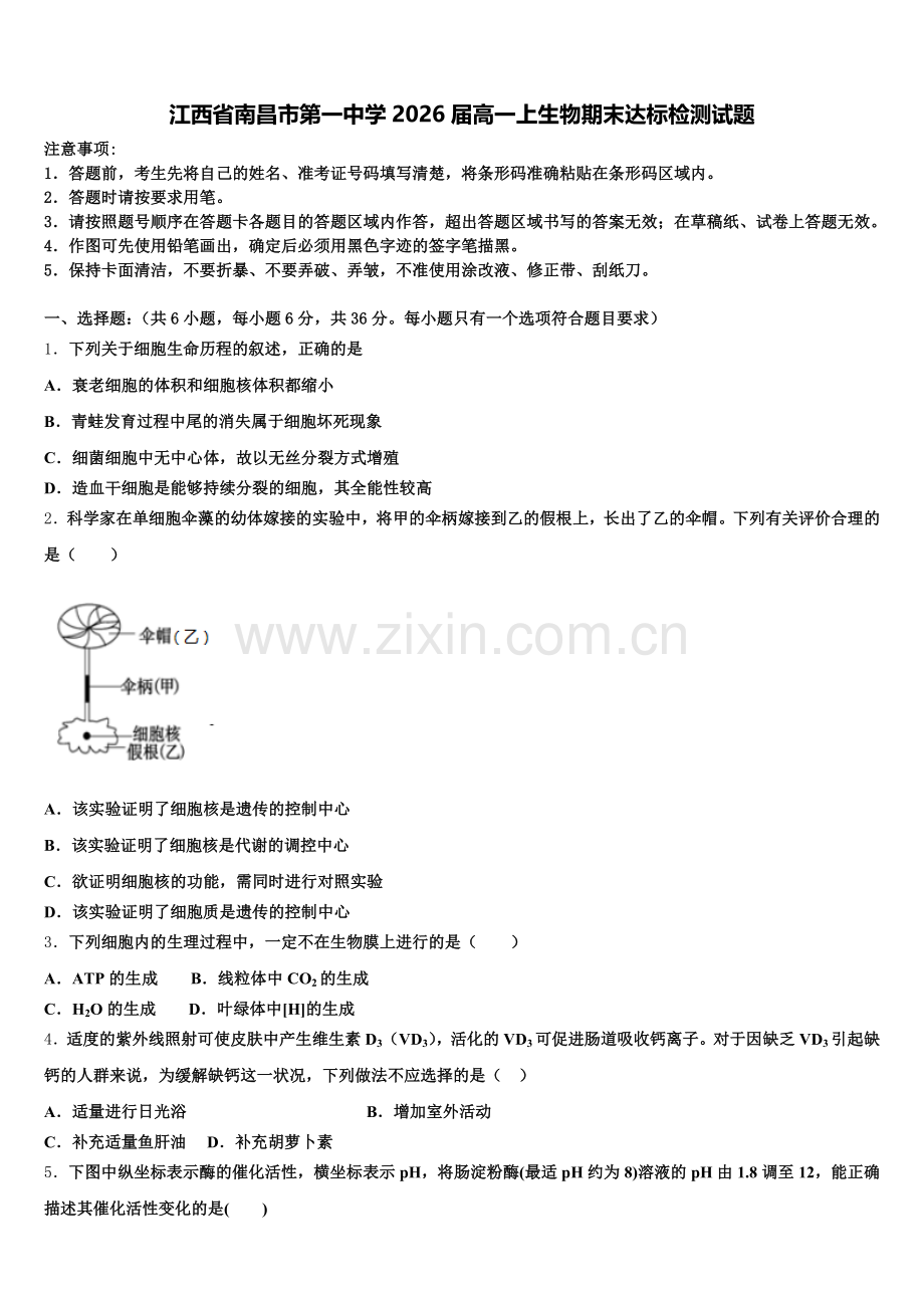 江西省南昌市第一中学2026届高一上生物期末达标检测试题含解析.doc_第1页