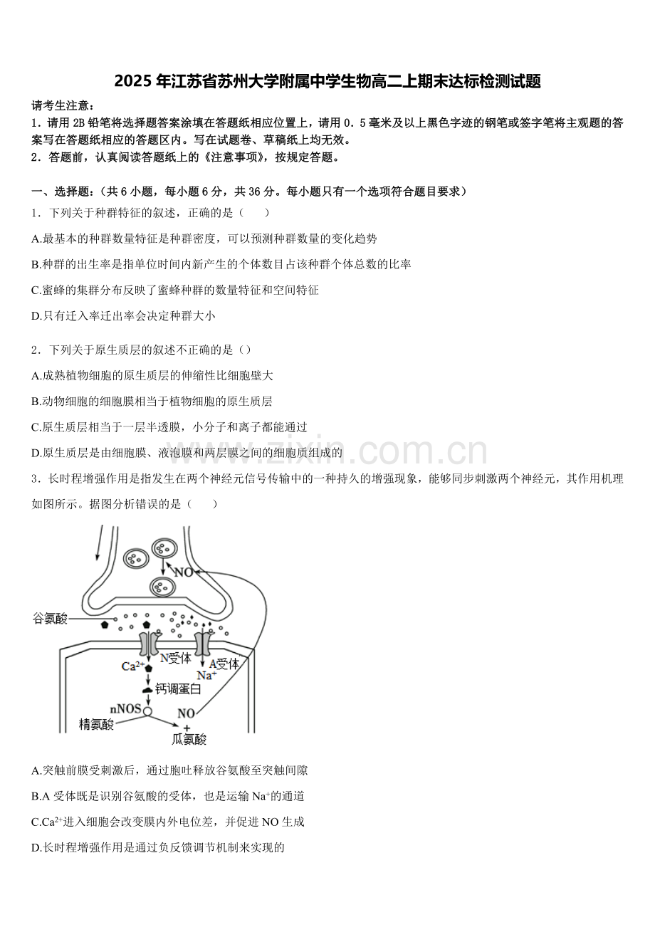 2025年江苏省苏州大学附属中学生物高二上期末达标检测试题含解析.doc_第1页