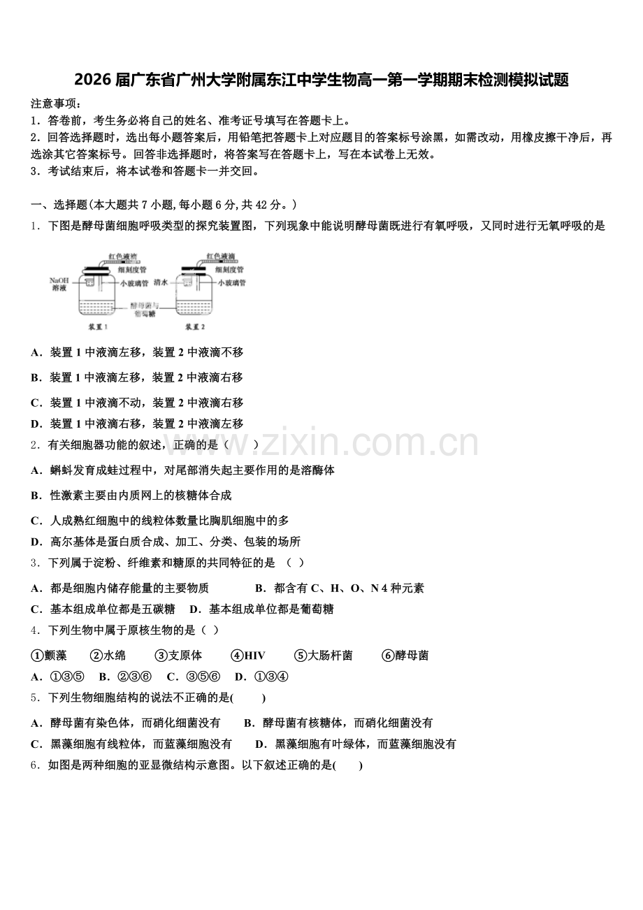 2026届广东省广州大学附属东江中学生物高一第一学期期末检测模拟试题含解析.doc_第1页