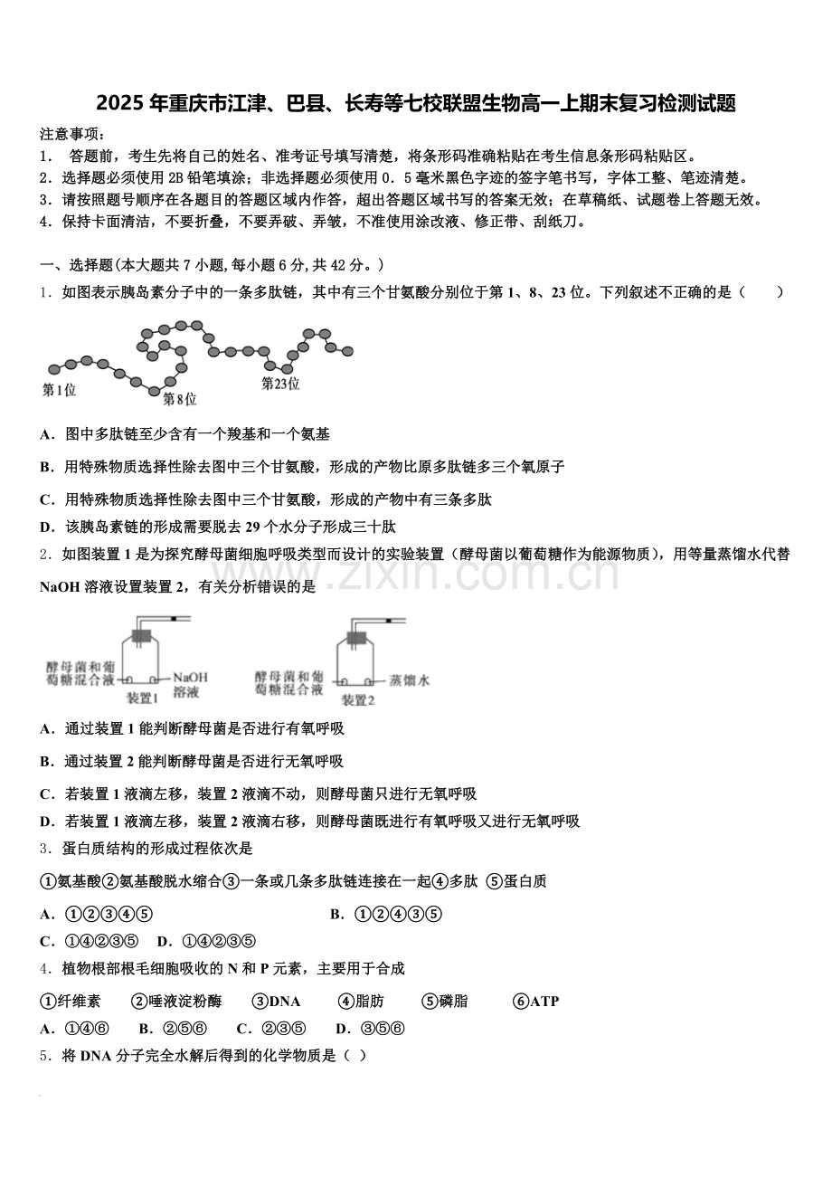 2025年重庆市江津、巴县、长寿等七校联盟生物高一上期末复习检测试题含解析.doc_第1页