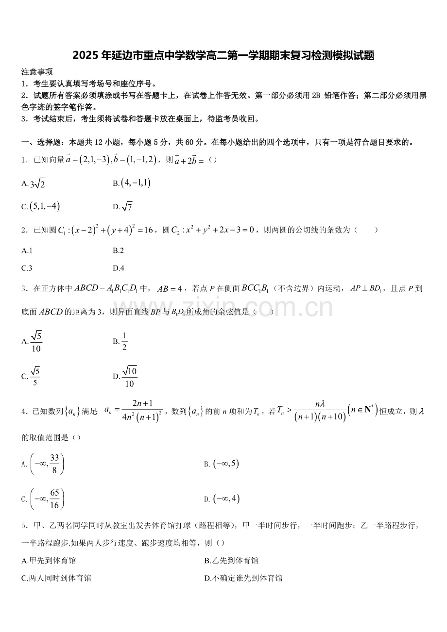 2025年延边市重点中学数学高二第一学期期末复习检测模拟试题含解析.doc_第1页