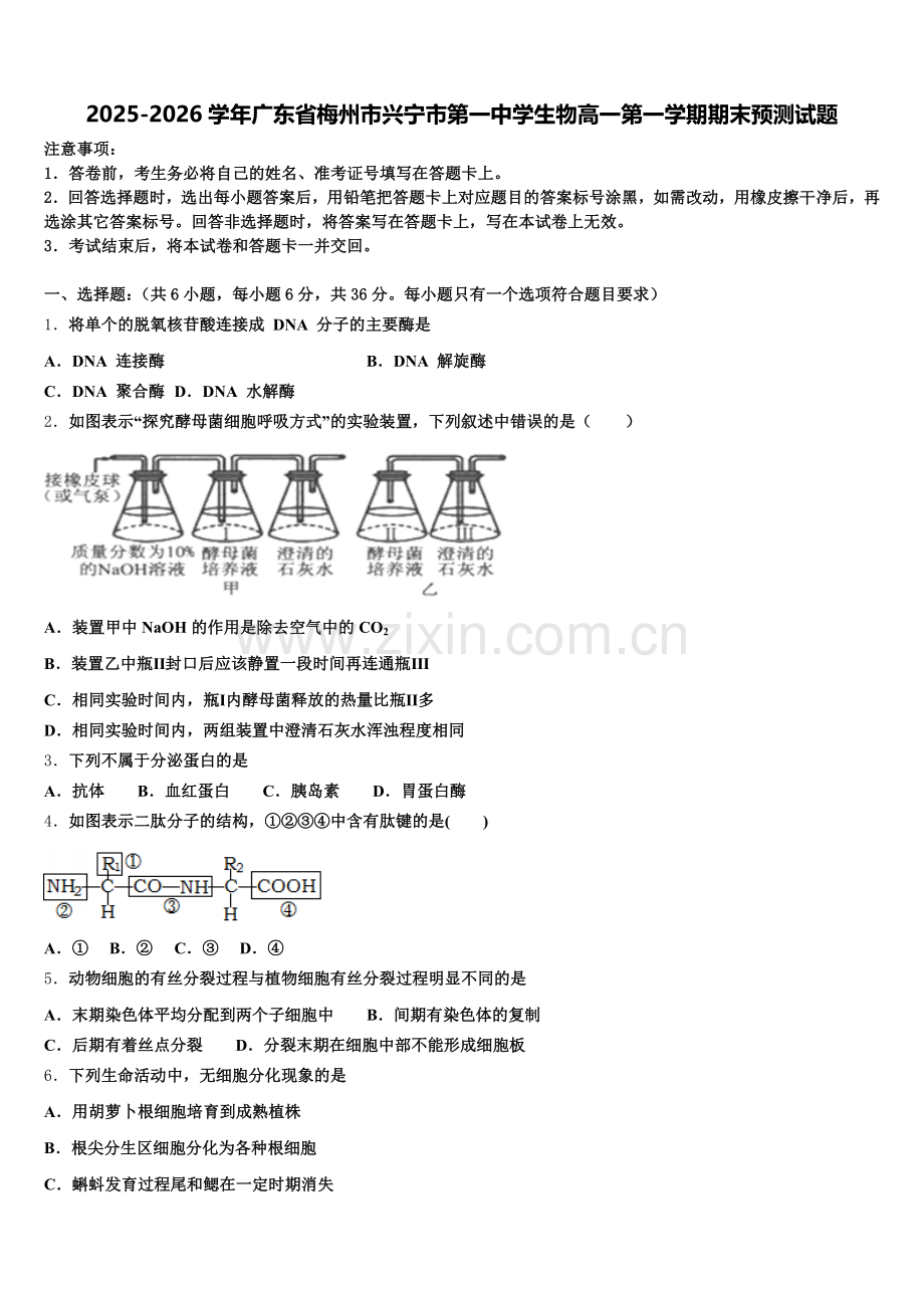 2025-2026学年广东省梅州市兴宁市第一中学生物高一第一学期期末预测试题含解析.doc_第1页