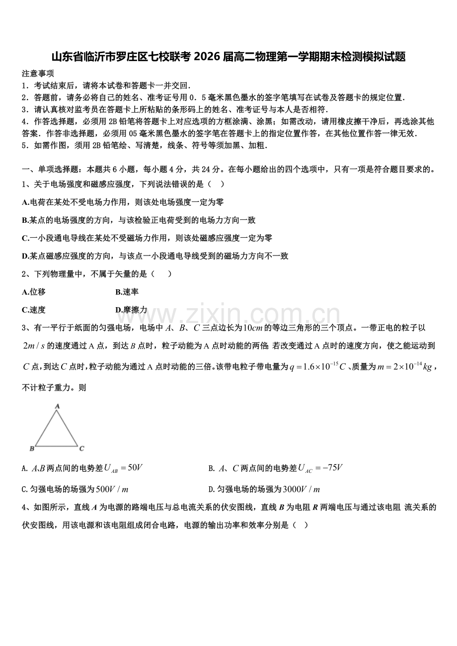 山东省临沂市罗庄区七校联考2026届高二物理第一学期期末检测模拟试题含解析.doc_第1页