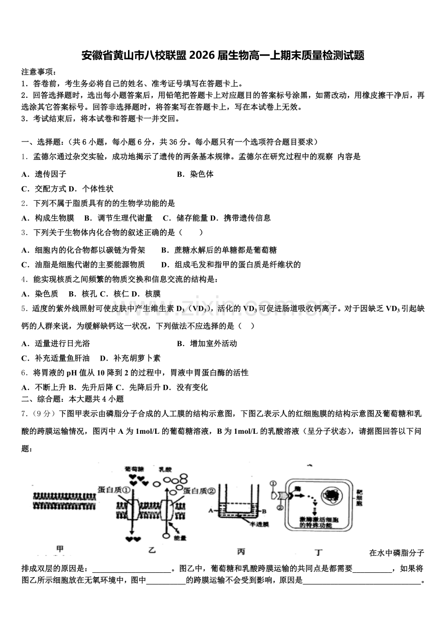 安徽省黄山市八校联盟2026届生物高一上期末质量检测试题含解析.doc_第1页