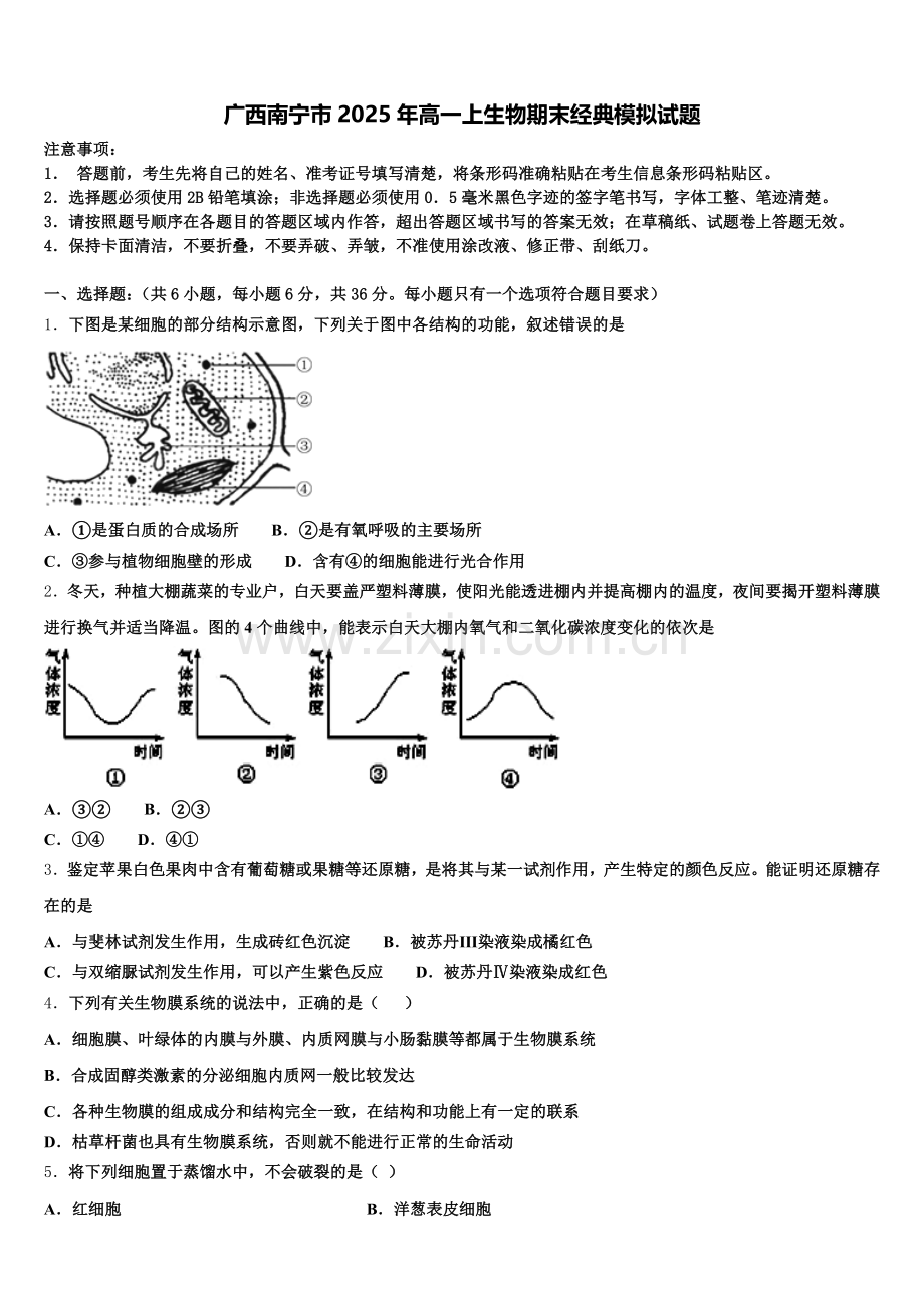 广西南宁市2025年高一上生物期末经典模拟试题含解析.doc_第1页