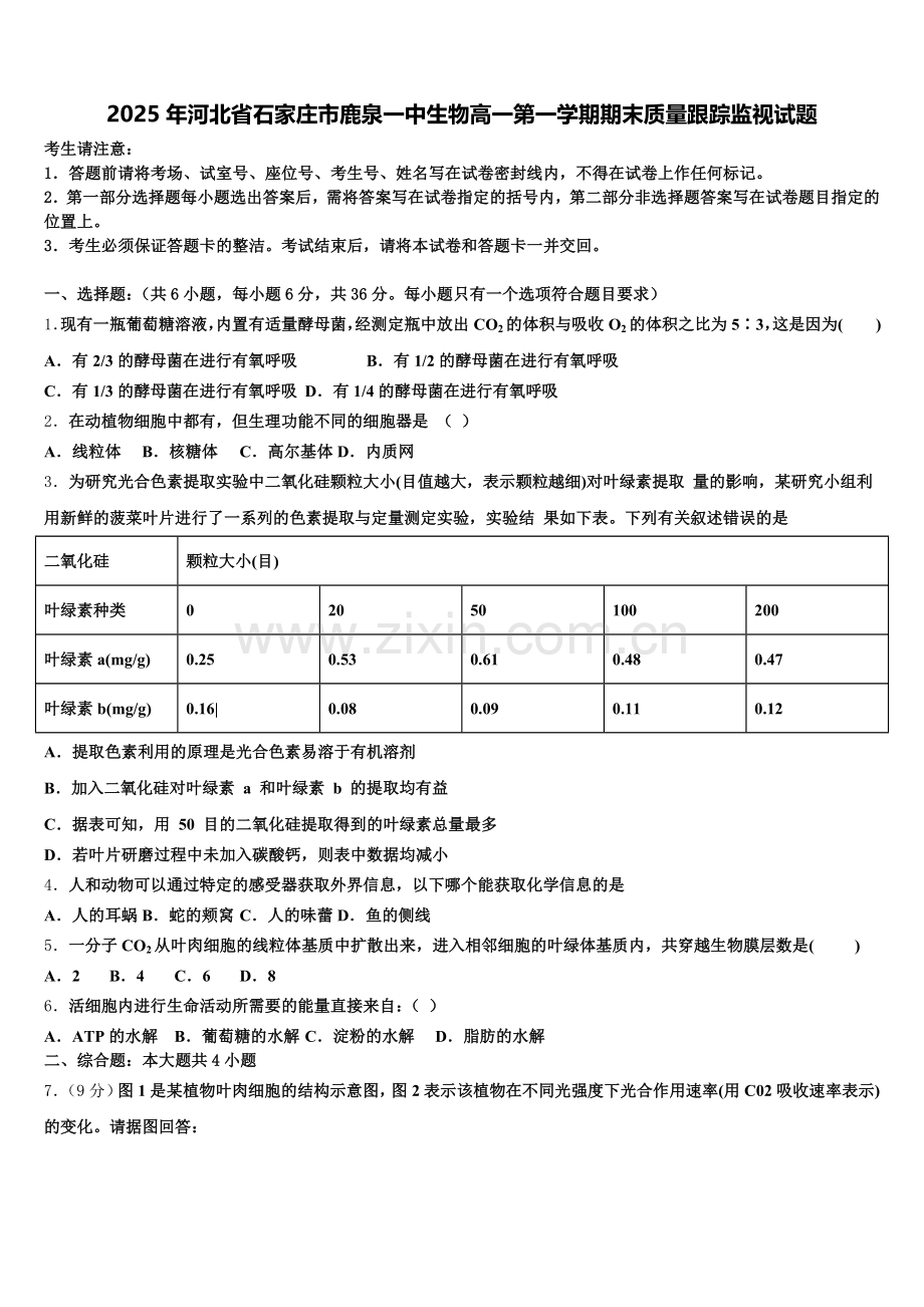 2025年河北省石家庄市鹿泉一中生物高一第一学期期末质量跟踪监视试题含解析.doc_第1页