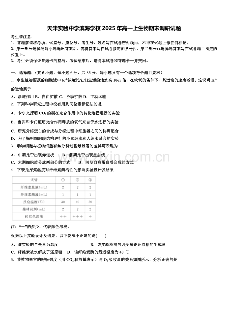 天津实验中学滨海学校2025年高一上生物期末调研试题含解析.doc_第1页