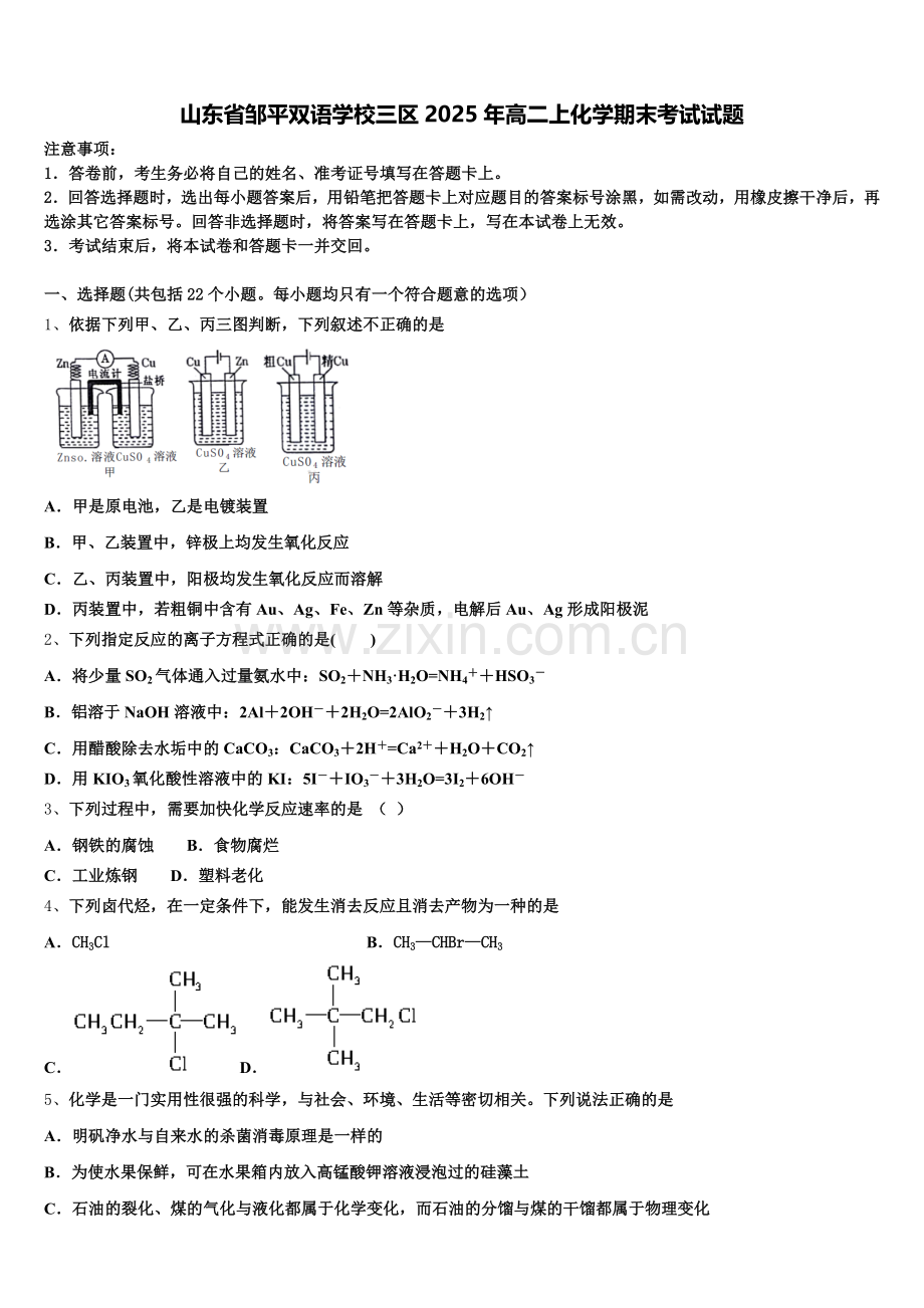 山东省邹平双语学校三区2025年高二上化学期末考试试题含解析.doc_第1页