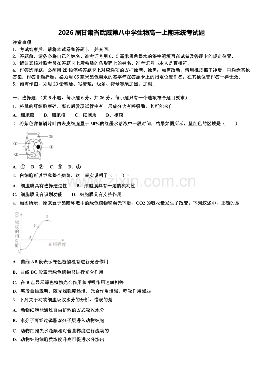 2026届甘肃省武威第八中学生物高一上期末统考试题含解析.doc_第1页