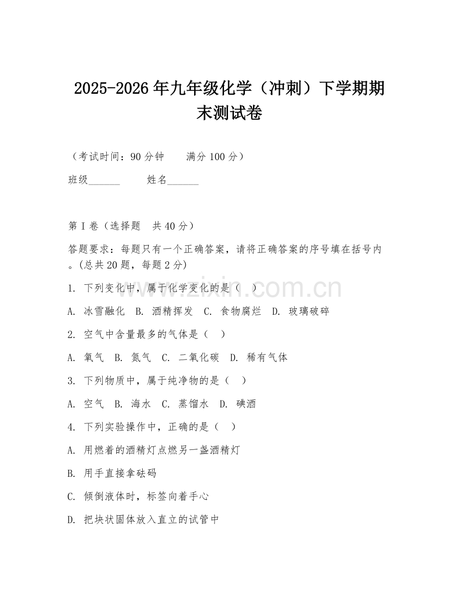 2025-2026年九年级化学（冲刺）下学期期末测试卷.doc_第1页