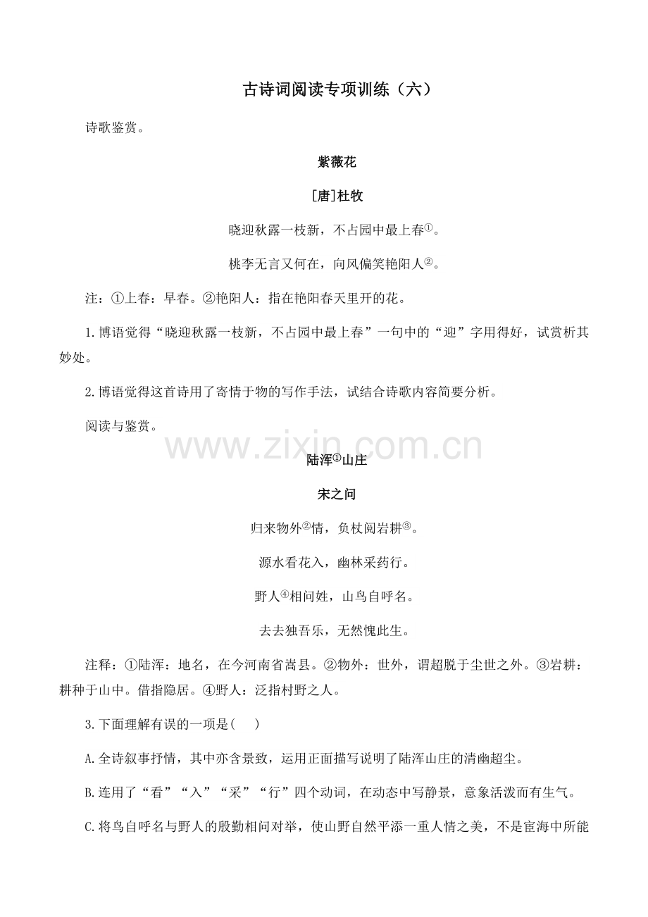2025年中考语文二轮复习——古诗词阅读专项训练六（含答案）.docx_第1页