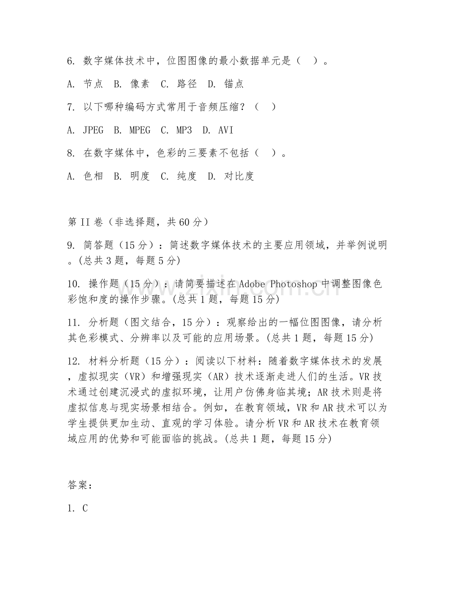 2025年中职数字媒体技术（数字媒体基础）试题及答案.doc_第2页