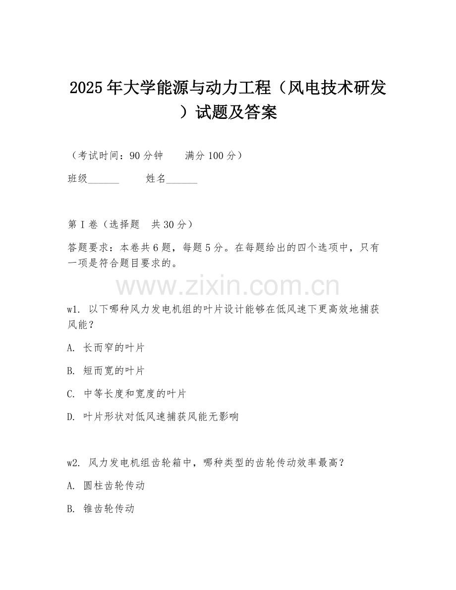 2025年大学能源与动力工程（风电技术研发）试题及答案.doc_第1页