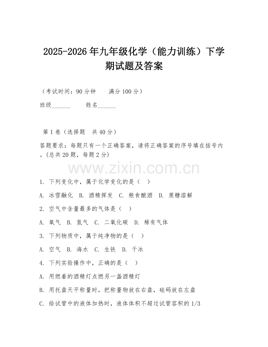 2025-2026年九年级化学（能力训练）下学期试题及答案.doc_第1页