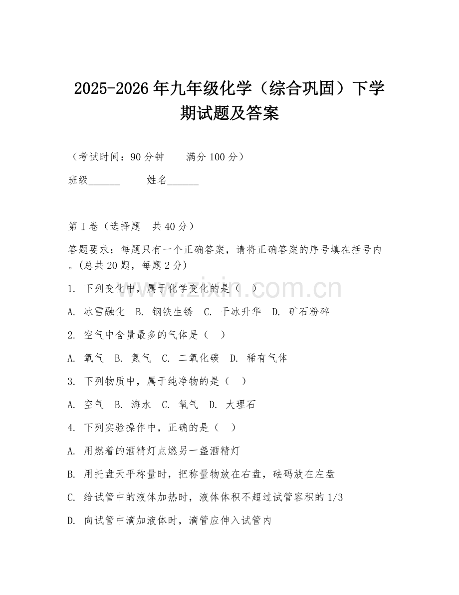 2025-2026年九年级化学（综合巩固）下学期试题及答案.doc_第1页
