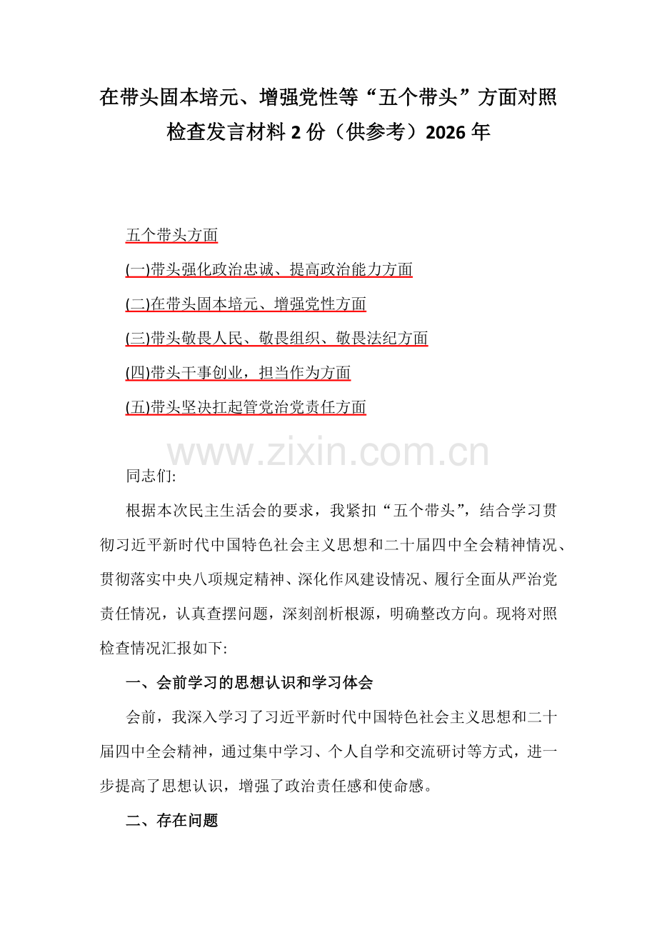 在带头固本培元、增强党性等“五个带头”方面对照检查发言材料2份（供参考）2026年.docx_第1页