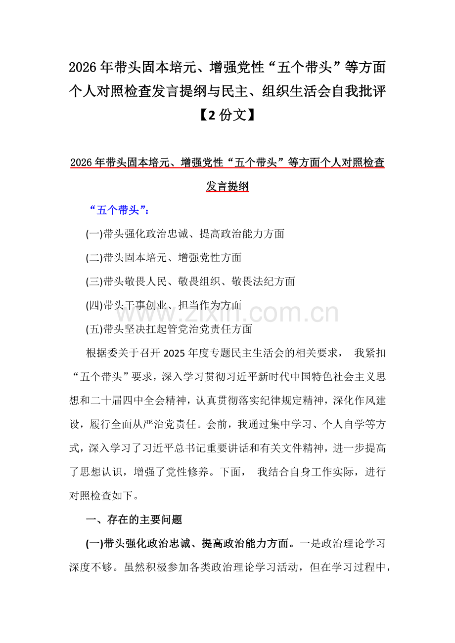 2026年带头固本培元、增强党性“五个带头”等方面个人对照检查发言提纲与民主、组织生活会自我批评【2份文】.docx_第1页