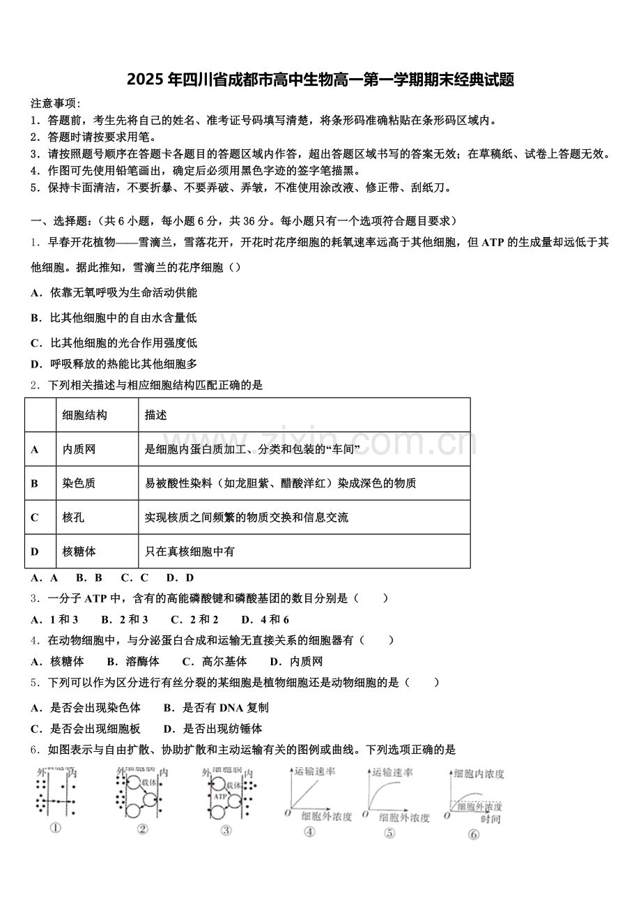 2025年四川省成都市高中生物高一第一学期期末经典试题含解析.doc_第1页