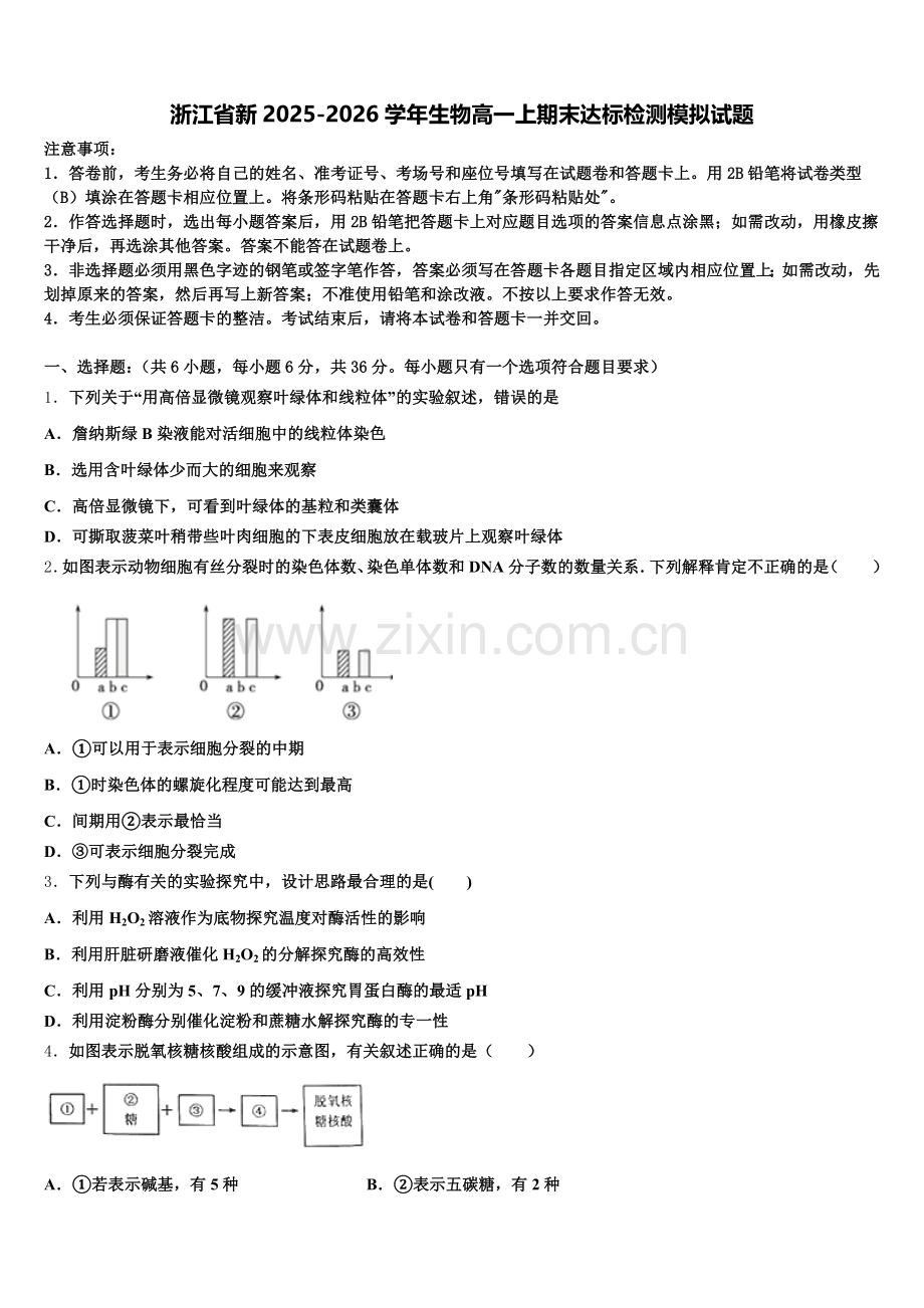 浙江省新2025-2026学年生物高一上期末达标检测模拟试题含解析.doc_第1页