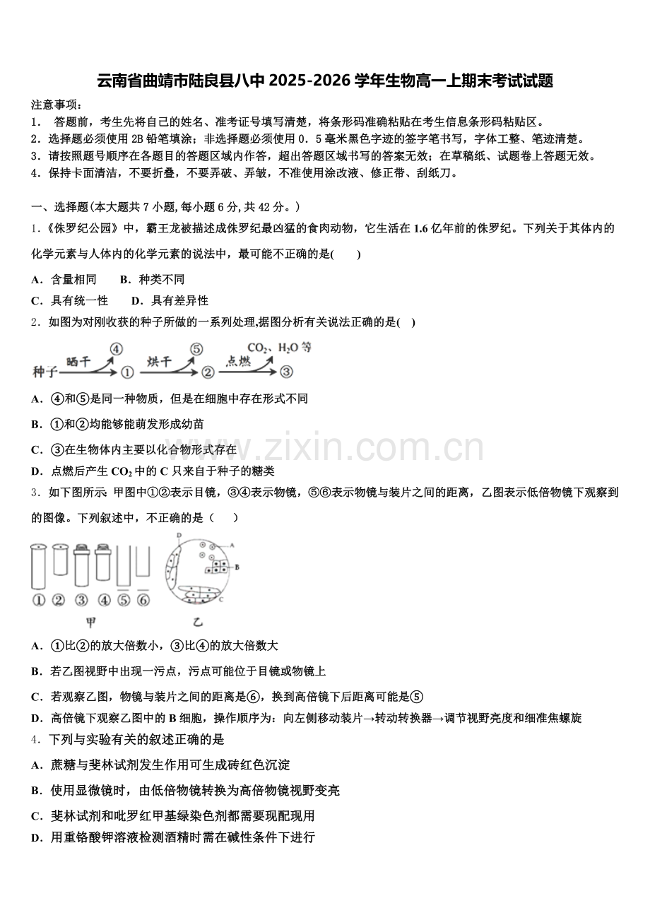 云南省曲靖市陆良县八中2025-2026学年生物高一上期末考试试题含解析.doc_第1页