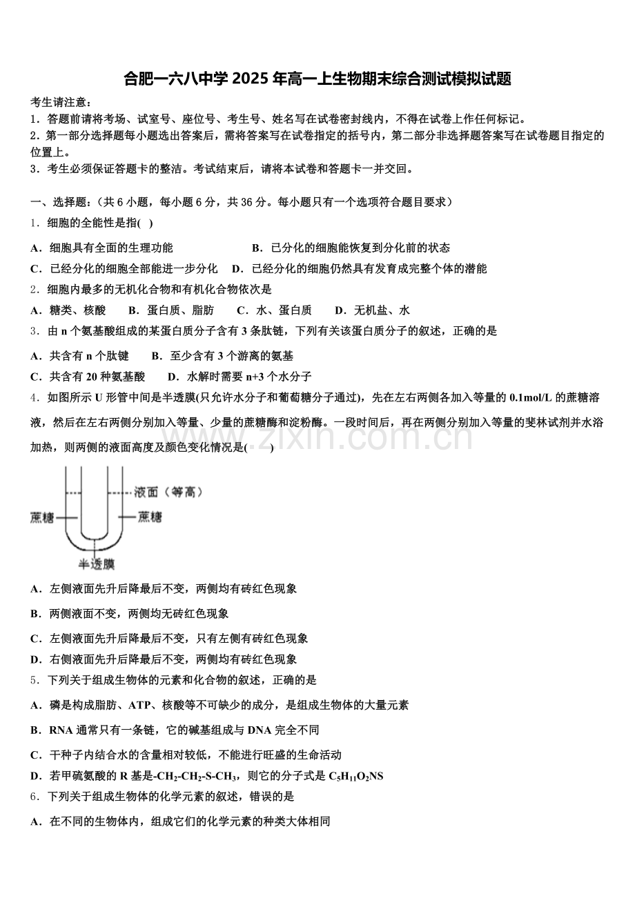 合肥一六八中学2025年高一上生物期末综合测试模拟试题含解析.doc_第1页