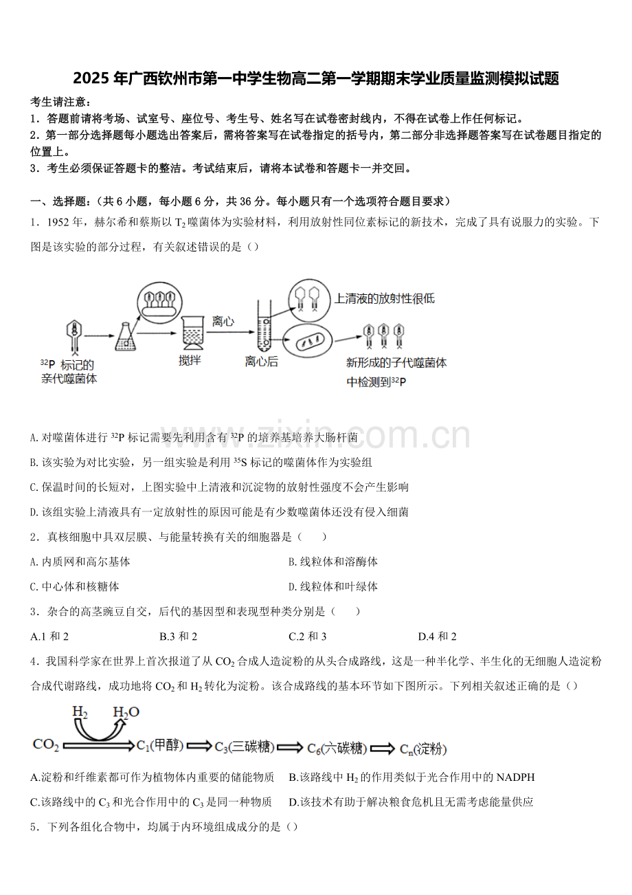 2025年广西钦州市第一中学生物高二第一学期期末学业质量监测模拟试题含解析.doc_第1页