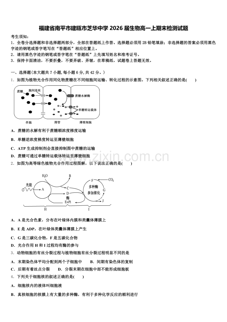 福建省南平市建瓯市芝华中学2026届生物高一上期末检测试题含解析.doc_第1页