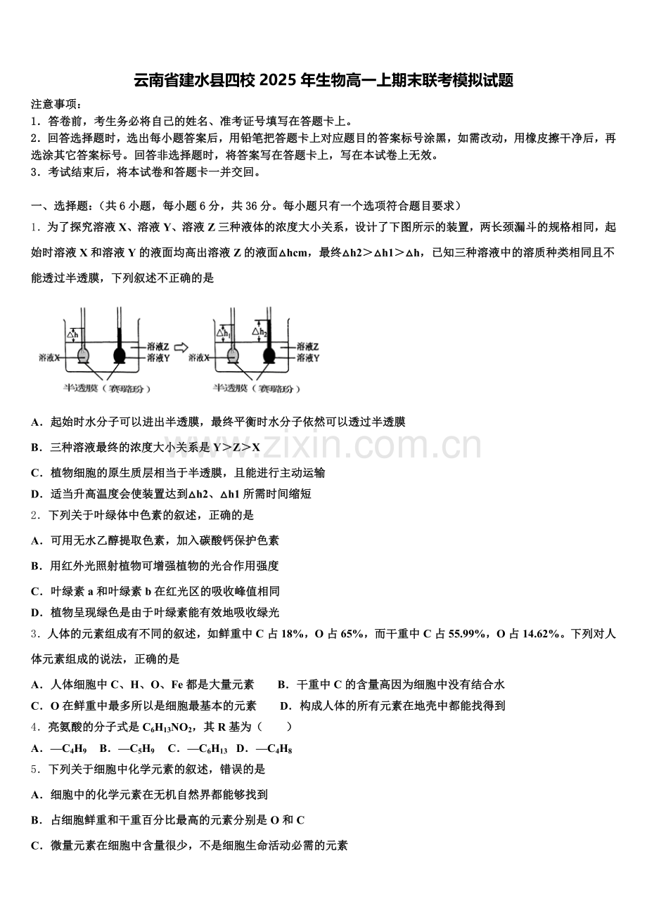 云南省建水县四校2025年生物高一上期末联考模拟试题含解析.doc_第1页