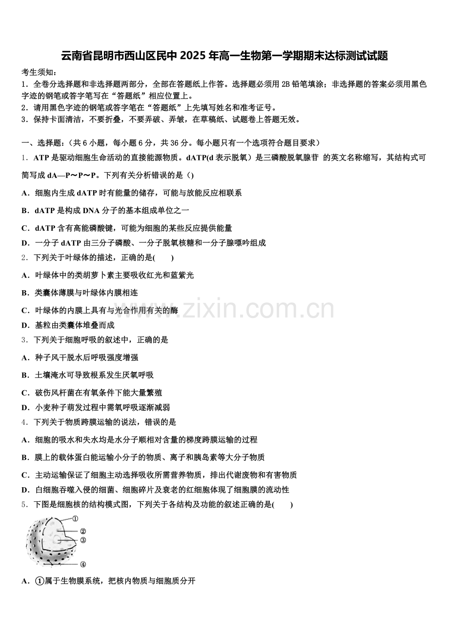 云南省昆明市西山区民中2025年高一生物第一学期期末达标测试试题含解析.doc_第1页