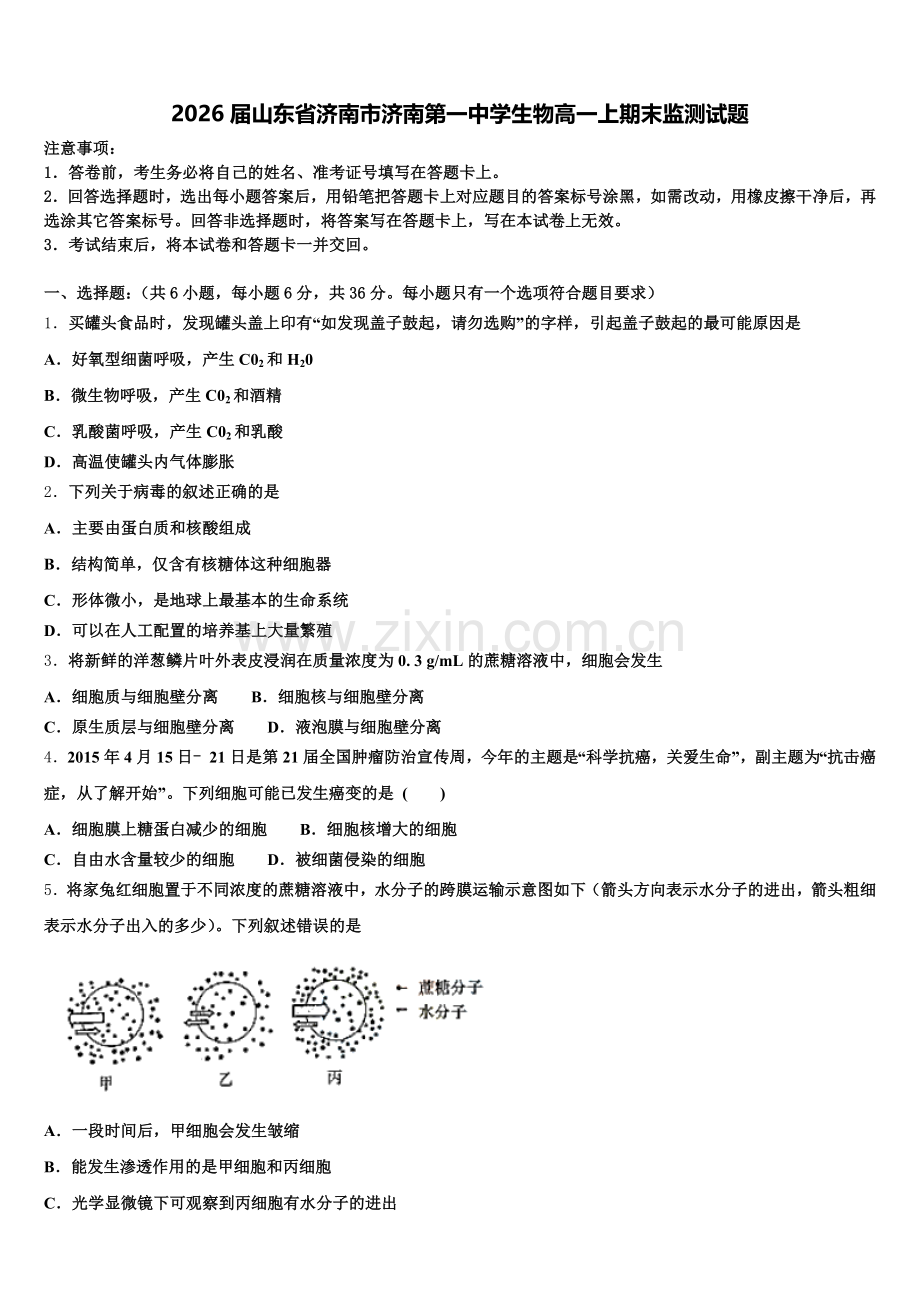 2026届山东省济南市济南第一中学生物高一上期末监测试题含解析.doc_第1页