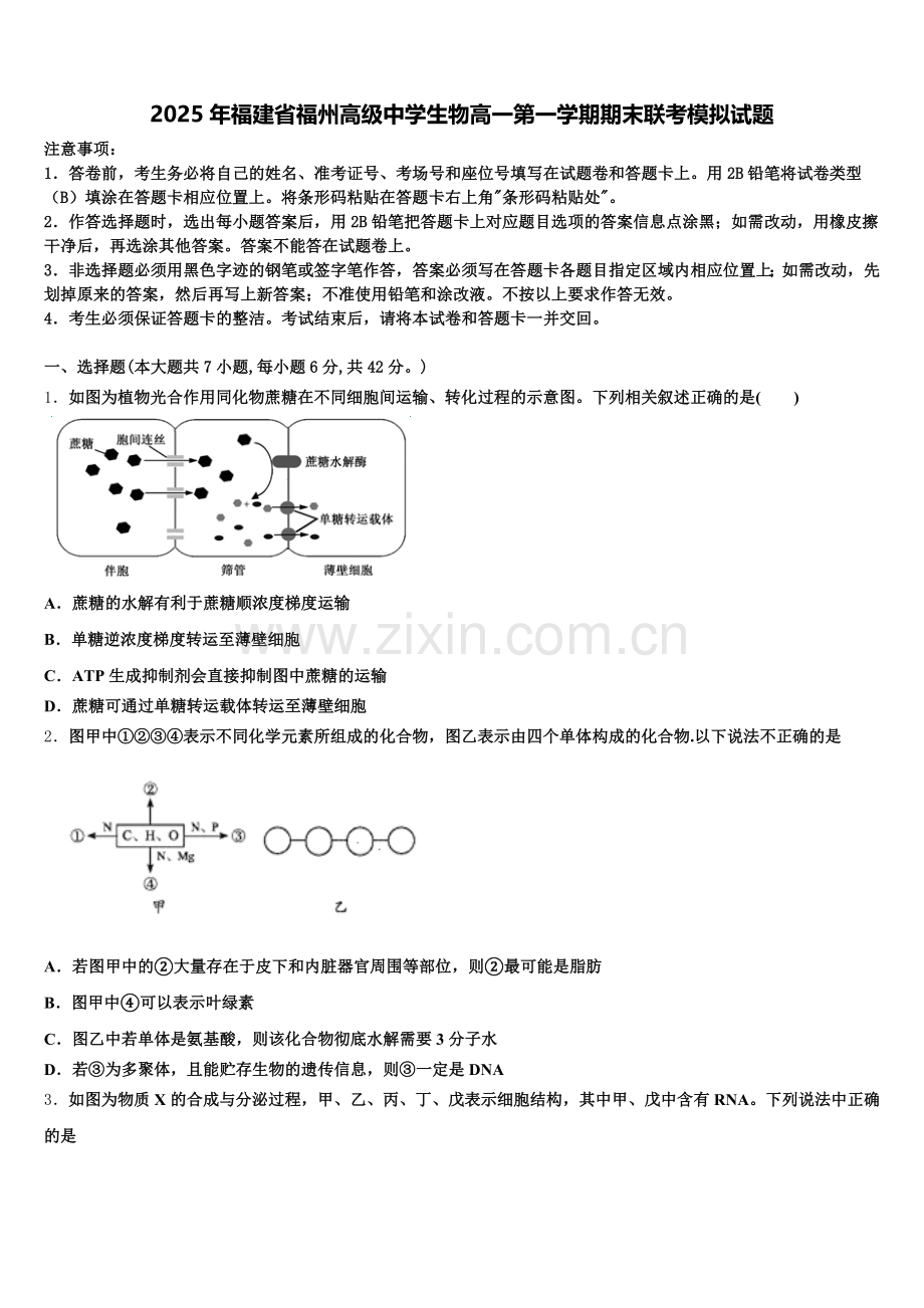 2025年福建省福州高级中学生物高一第一学期期末联考模拟试题含解析.doc_第1页
