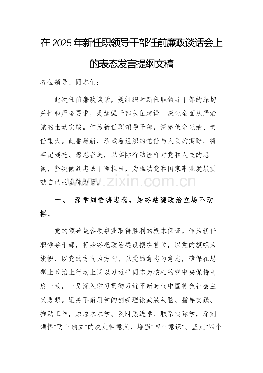 在2025年新任职领导干部任前廉政谈话会上的表态发言提纲文稿.docx_第1页