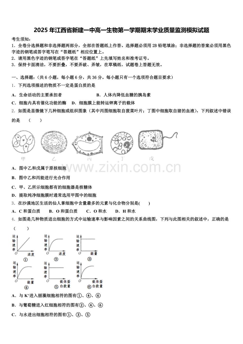 2025年江西省新建一中高一生物第一学期期末学业质量监测模拟试题含解析.doc_第1页